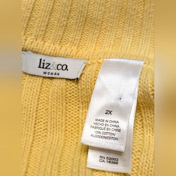 Liz & Co Yellow Cable Knit Sweater 2X 100% Cotton Collared V-Neck Preppy Coastal - Picture 3 of 8